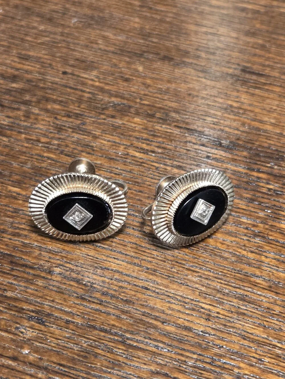 Vintage Coro Screwback Earrings Gold Tone Black Inlay Oval Mid Century